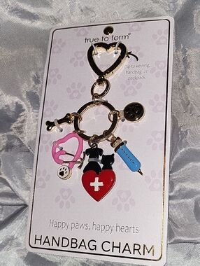 True to Form Gold Pet-Themed Handbag Charm with Red Heart and Pink Stethoscope